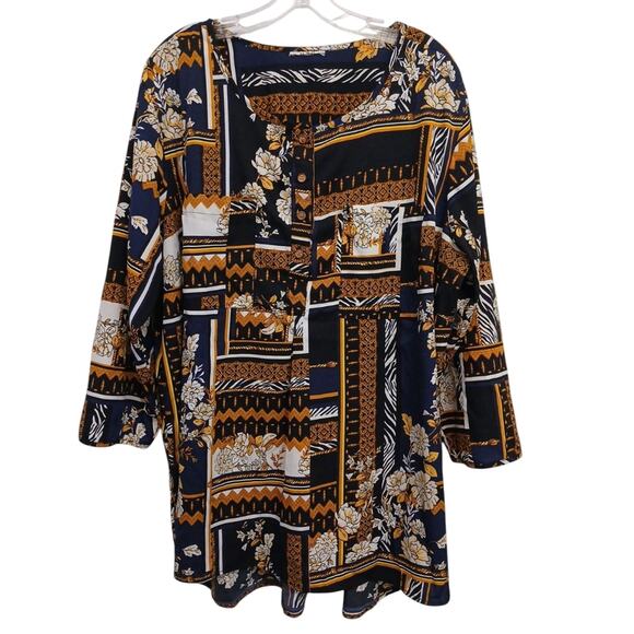 Stretch Tunic Blouse Plus Sz 1X Abstract Floral Paisely Patchwork Office Casual - Picture 1 of 14